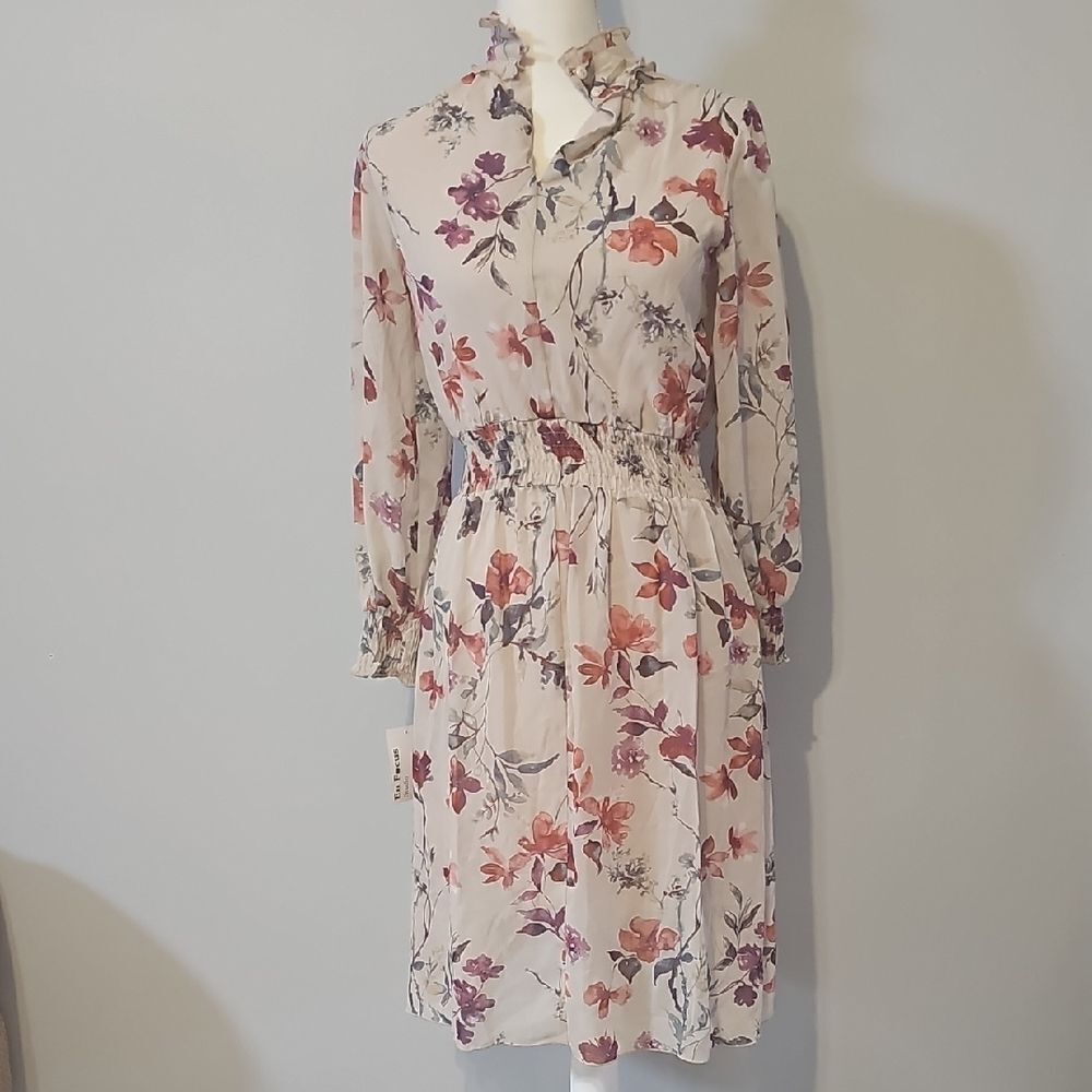 Studio Pink and Orange Long Sleeve Sundress with Mandarin Collar
